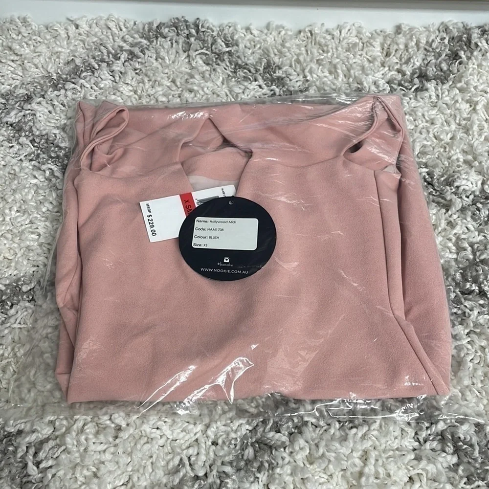 NOOKIE Hollywood Midi Dress in Blush Extra Small XS NWT Halter Cutout